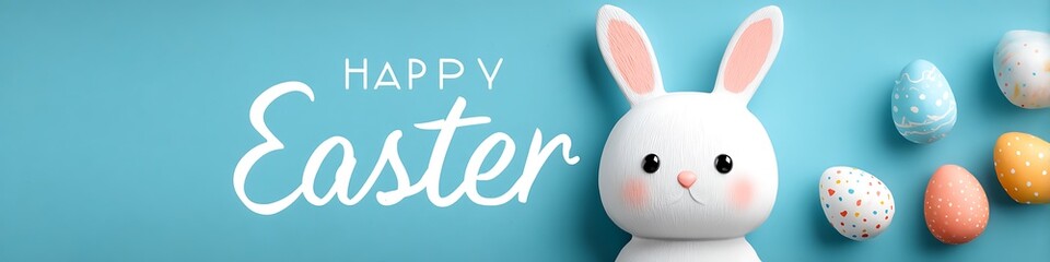 HAPPY EASTER BACKGROUND  OF 2025 WITH AMAZING BUNNY AND COLORFUL DECORATED EGGS IN THE BACKGROUND 