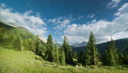 trees in the mountains in summer against the sky blurred image