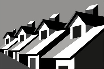 Monochrome Graphic Row of Houses Geometric Style illustration