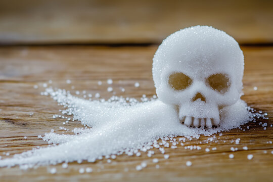 Sugar skull sculpture on wooden surface symbolizing health risks, sugar intolerance, and dietary restrictions