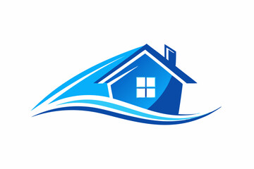 Blue House Logo Icon with Abstract Wave Design vector
