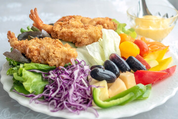 Closeup of the fresh Fried shrimp salad,selective focus
