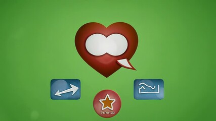 Animated Heart and Social Media Icons Displaying Connectivity and Interaction on Green Background - Powered by Adobe