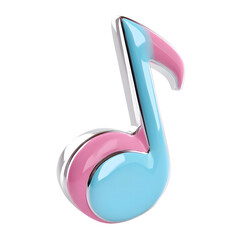 Stylized 3D icon of a cheerful curved musical note in a soft pastel color palette of blue and pink set against a clean white background