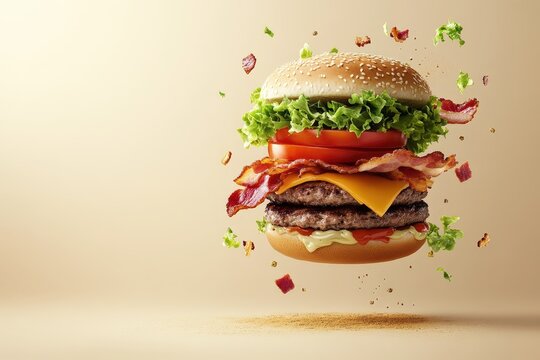 A large, gourmet hamburger in mid-air, with its ingredients exploding outwards.