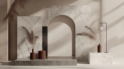 Modern, minimalist interior display with marble and neutral tones.