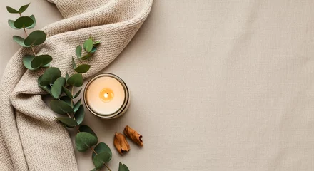 Fotobehang Badkamer Minimal Boho Flat Lay with Candle, Eucalyptus and Beige Linen – Soft Neutral Aesthetic  © Kukys