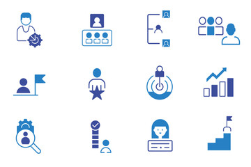 Fototapeta premium Leadership solid flat icon set. Business management, leader, cooperation, vision, guidance, mentorship, coaching, influence, delegation icons. Editable vector illustration