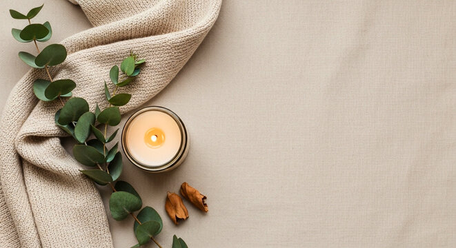 Minimal Boho Flat Lay with Candle, Eucalyptus and Beige Linen &ndash; Soft Neutral Aesthetic