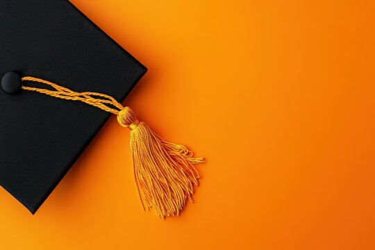 Graduation cap with tassel on an orange background.