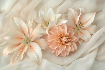 Fototapeta premium Delicate arrangement of pastel-colored flowers on sheer fabric.