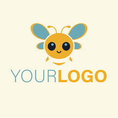 Cute cartoon bee logo design isolated on white background