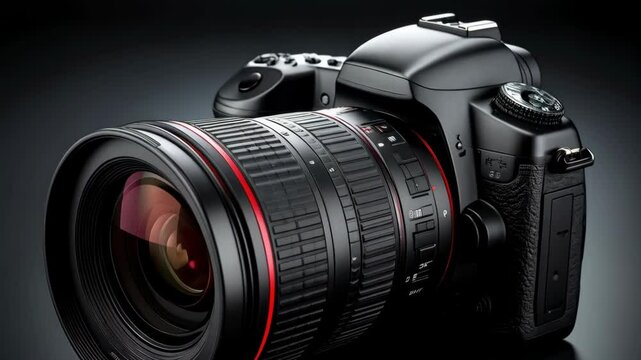 DSLR camera with large lens on dark background for photography equipment, camera equipment and studio photography, close-up