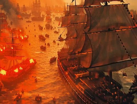Epic video of a naval battle from the 1700s with tilted decks and water displacement featuring a squadron of British warships in dramatic cinematic style.