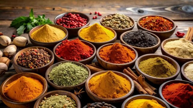 Assortment of Vibrant Spices Displayed in Wooden Bowls on Rustic Surface - Featuring Diverse Colors and Textures for Culinary Creations