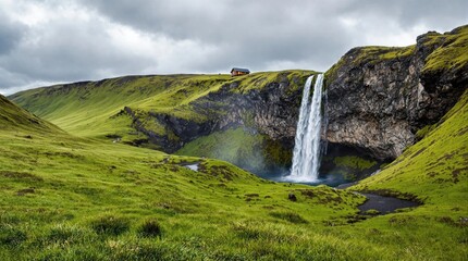 Serene waterfall cascading into a pool amid lush green hills under a cloudy sky