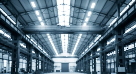 A blurry image of a large, industrial warehouse with high ceilings and bright lights. The design is perfect for posters, wallpapers, or banners.
