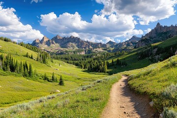 Fototapeta premium A scenic mountain valley trail winds through verdant meadows.
