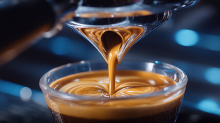 Macro shot of espresso shot being pulled, rich crema layers, chrome machine, reflections, steam in air macro, crema, espresso, chrome, steam, golden tone, texture, intense, warmth,