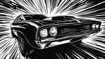 Black muscle car illustration with dynamic speed lines in retro comic style