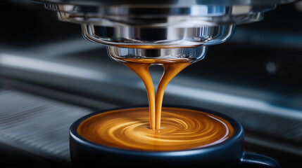 High-pressure espresso machine, golden crema, dark roasted beans, shiny portafilter, industrial coffee bar. espresso shot, crema, portafilter, industrial, chrome, roasted beans, ba
