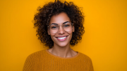 Latin American online coach woman teaching webinar, bright colors in background, warm smile, professional casual outfit, candid remote work scene.