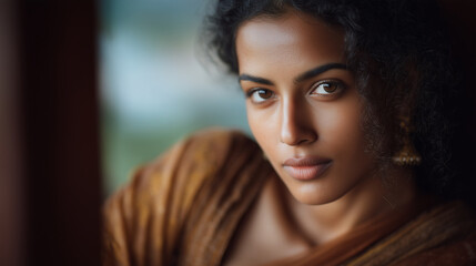 Fototapeta premium Indian lady peaceful gaze window morning sun traditional outfit soft fabric relaxed thinking resting.