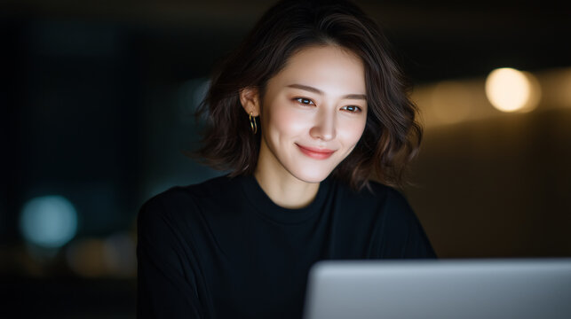 Japanese online tutor female modern classroom neat desk focused posture elegant lighting education technology.