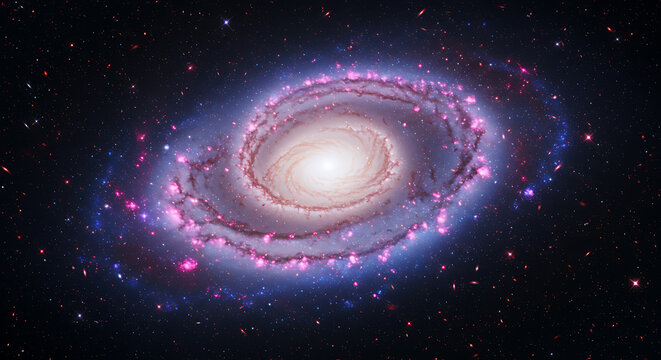 A swirling spiral galaxy with vibrant purples, blues, and pinks, seen from a distance with glowing nebula clouds around.