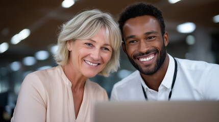 Brazilian professional guy assisting mature woman computer desk teamwork friendly expression office workspace laptop.