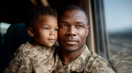 African American soldier with son airport window bonding moment uniforms calm reflection.