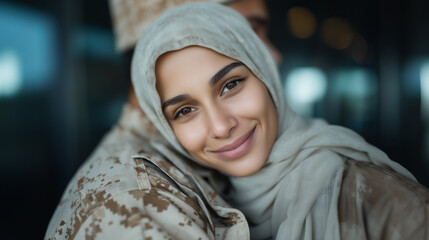 Arab female soldier in hijab hugging husband airport uniforms touching reunion respect tradition love.