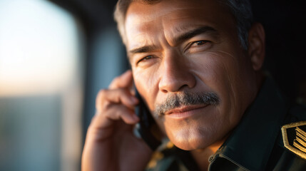 Mexican army officer speaking cellphone airport natural tone sunlight gear emotional expression quiet.