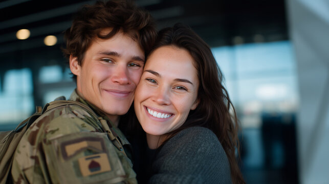 Brazilian female army officer hugging husband joyful airport scene uniforms warm emotional heartfelt. - Powered by Adobe