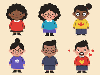 Diverse Children Set: A set of six cheerful and diverse children, each with unique features and styles, are depicted in a charming and simple vector style.