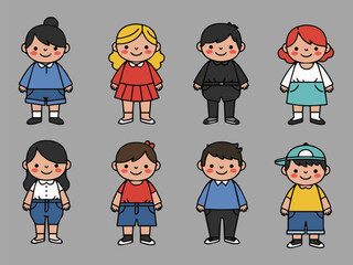 Playful Portraits: A charming group of kids, each with unique outfits and hairstyles, stand in an organized arrangement, radiating joy and innocent smiles, creating a cheerful, heartwarming scene.