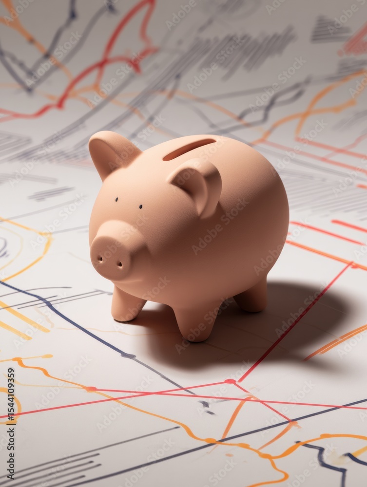 Poster clay piggy bank sits prominently amid colorful abstract financial graphs representing savings and in