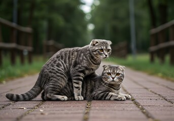 Obraz premium Two Scottish Fold Cats Mating on Brick Pavement in Outdoor Urban Park—Animal Behavior Concept Depicting Natural Feline Reproduction and Wildlife Observation