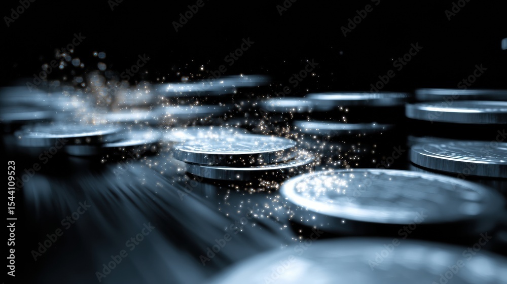 Poster Spinning Tokens Create Dazzling Effects on a Dark Background With Motion Blur and Sparkles
