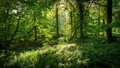 Obraz premium dappled sunlight filters through the dense foliage of a lush green forest canopy