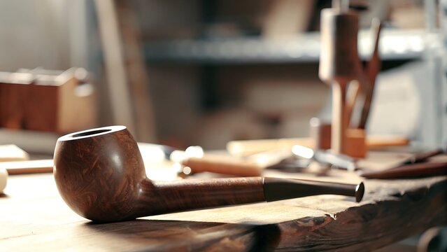 A wooden pipe rests on a workbench in a woodworking shop. - Powered by Adobe
