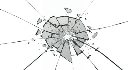 Shattered glass impact on white background