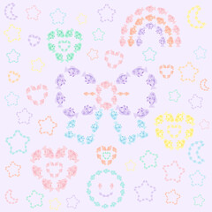 魚で描いた優しい色合いのパターン（虹・星・月・スマイルなど）