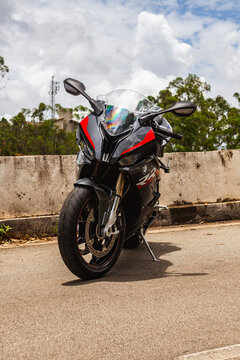 Front view of a black BMW S1000RR superbike