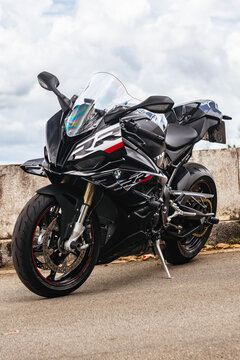 Front three-quarter view of a black BMW S1000RR sport bike