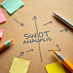 SWOT Analysis Diagram on Paper with Pens and Sticky Notes