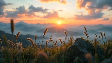 Beautiful sundown over a serene lake and expansive field, with a vibrant orange sky reflecting on the tranquil water