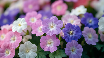 Close-up of delicate purple, pink, and white flowers with soft petals and natural light. Vibrant colors and gentle details emphasize beauty, freshness, and the elegance of nature’s floral charm.

