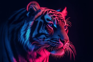 Obraz premium Neon-lit Tiger Portrait Vibrant Illustration of a Majestic Big Cat in Striking Blue and Pink Illumination