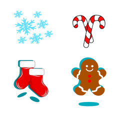 Cheerful Christmas icon collection: sweet candy canes, warm gloves, and adorable gingerbread men. Perfect for greeting cards, web design, and holiday projects. 